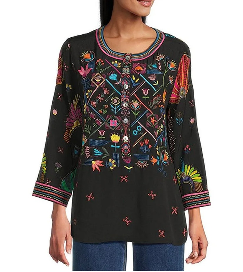 John Mark Womens S Petite Black Multi Embroidered Hi-Low Tunic Viscose New
